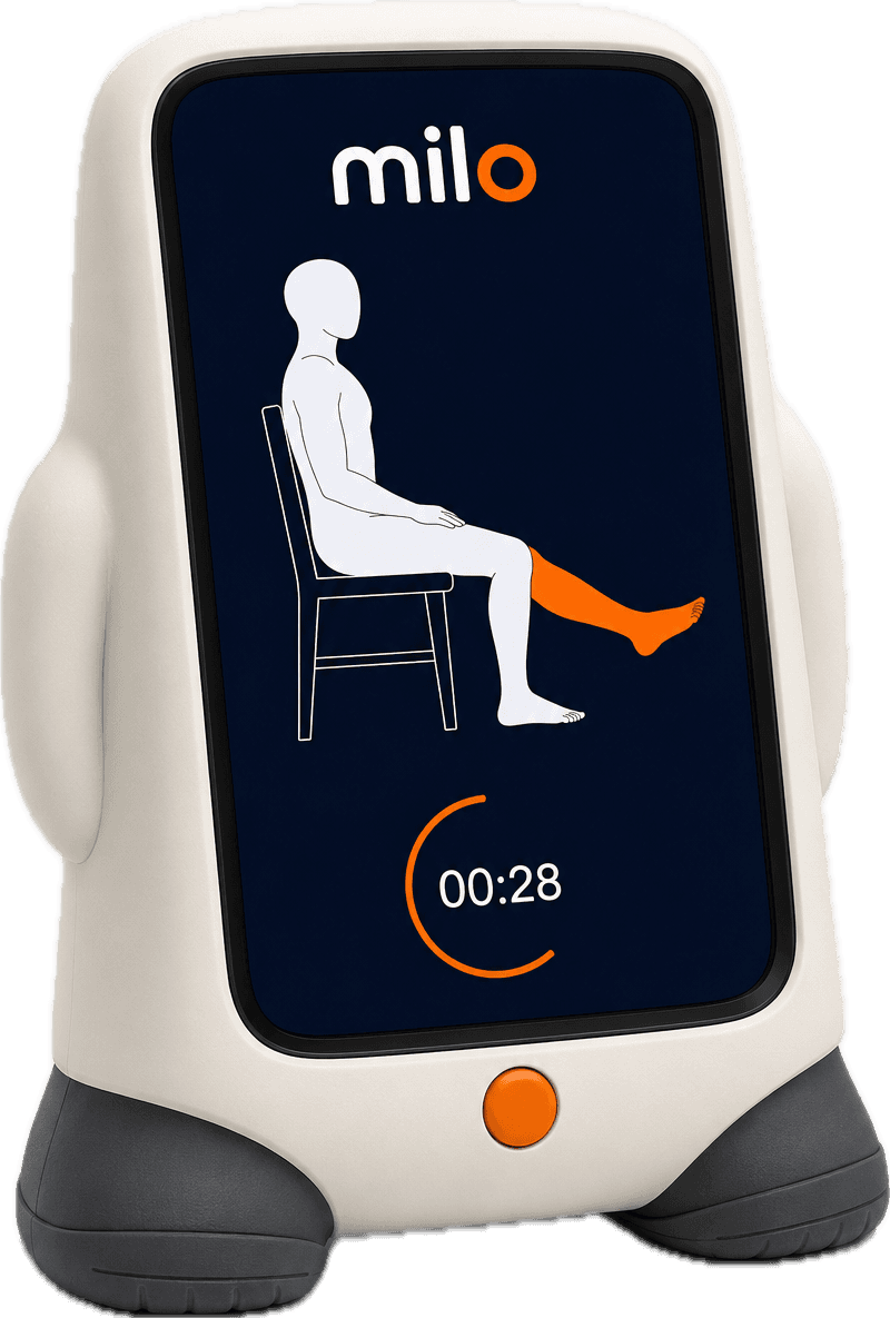 Milo: a small cream companion device standing on dark grey feet, its screen showing an illustration of a seated leg exercise with the working leg in orange, and a countdown ring reading 28 seconds